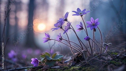 Ethereal purple blooms, soft light, blurred dreamscape. Abstract floral art in long exposure.