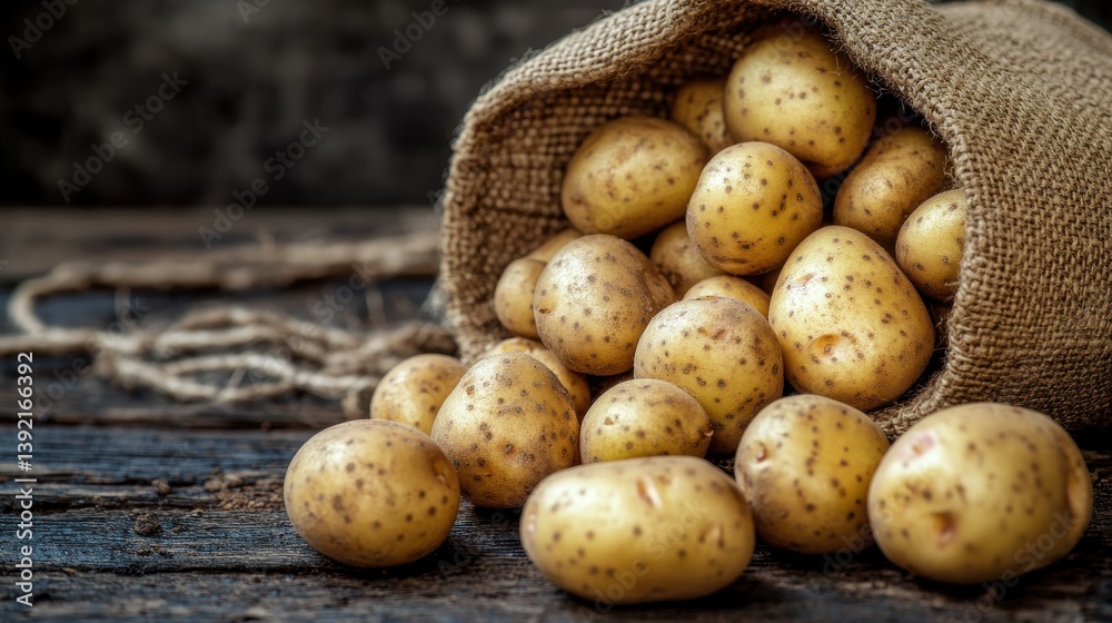 Freshly harvested potatoes spilling from a burlap sack onto a rustic wooden table Freshly harvested potatoes spilling from a burlap sack onto a rustic wooden table