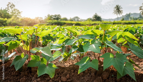 Vibrant Cotton Plantation: A sun-drenched field showcases a thriving cotton plantation, with rows of lush green cotton plants reaching towards the sky under a bright and sunny atmosphere.