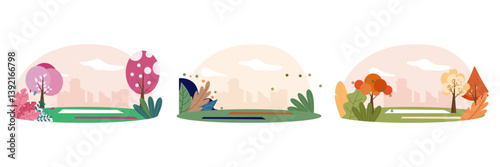Vector illustration with different landscape and yoga mats. Different seasons, trees and bushes in a clearing. Set of landscape illustrations.