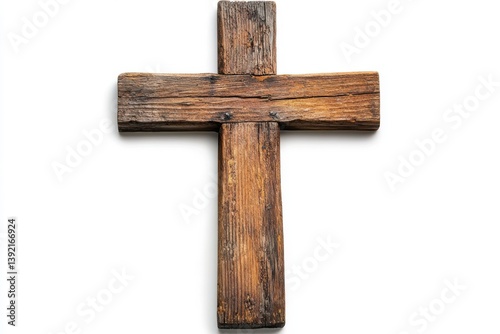 Old wooden cross with weathered texture, isolated on white background