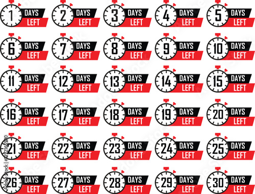 Set of countdown days to go poster. Left 1 to 30 days. Countdown to deadline vectors. Count time display with numbers. Sales, promotion clock signs business concept isolated on transparent background.