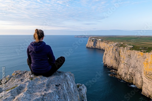 A person sits cross-legged on a cliff, gazing out over the vast ocean, embodying the spirit of adventure and tranquility while connecting with the surrounding landscape.