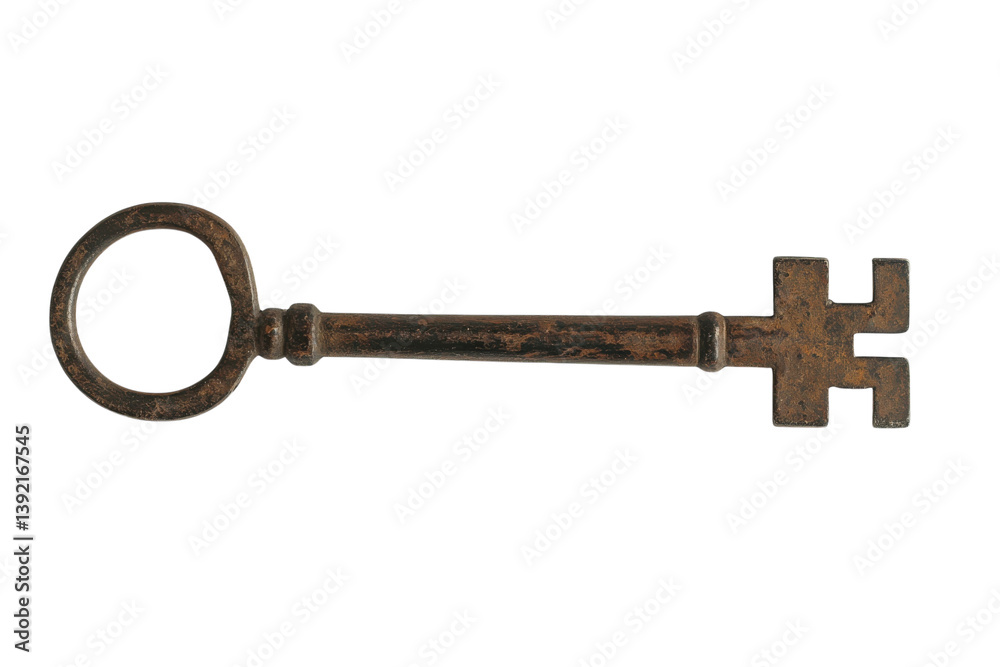 Antique Rustic Iron Key a symbol of secrets and hidden treasures on a white wooden surface isolated on transparent background Antique Rustic Iron Key a symbol of secrets and hidden treasures on a white wooden surface isolated on transparent background