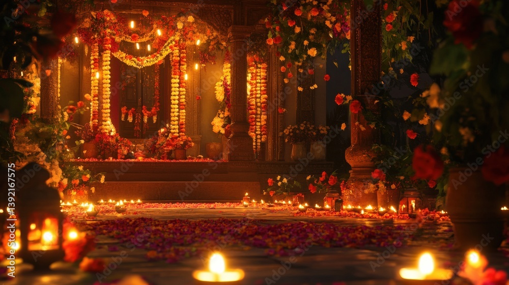 Obraz premium A beautifully illuminated temple decorated with flowers and candles