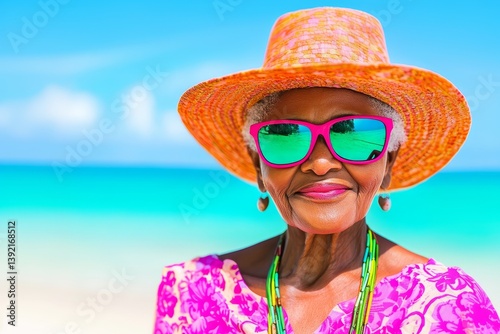 Obraz na płótnie Stylish senior woman confidently enjoying vibrant summer days at tropical beach resort w salonie