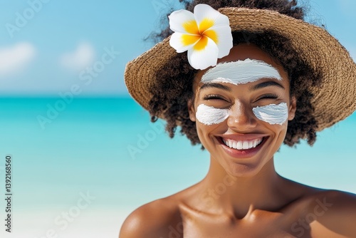 Cheerful smiling African American woman enjoying sunny beach vacation protecting skin with sunscreen cream