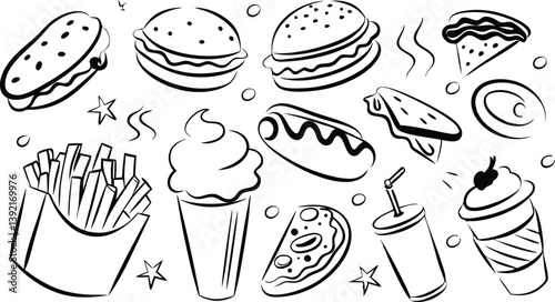 Fast Food Icons Burgers, Fries, Pizza, Hot Dogs, and Drinks