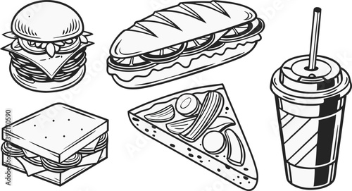 Delicious Fast Food Burger, Sandwich, Sub, Pizza Slice, Soda