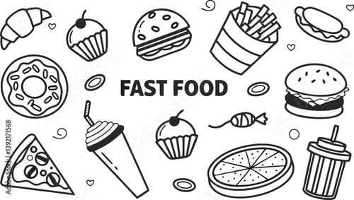 Delicious Fast Food Icons Burgers, Pizza, Donuts, Fries
