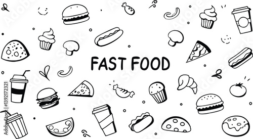 Delicious Fast Food Menu Burgers, Pizza, Hot Dogs, Cupcakes