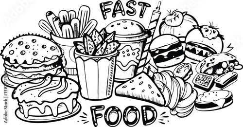 Delicious Fast Food Illustration Burgers, Fries, Cakes, and More
