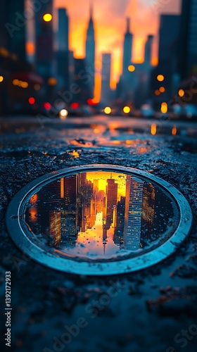 Manhole Cover Reflection Phone Wallpaper 
 Vibrant City Skyline at Sunset with Urban Streets & Puddles | Vertical Mobile Background
