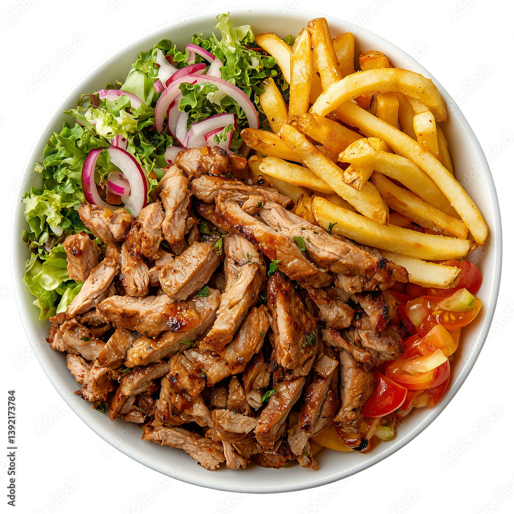 Delicious shawarma bowl with fries and fresh salad isolated on transparent background png Delicious shawarma bowl with fries and fresh salad isolated on transparent background png