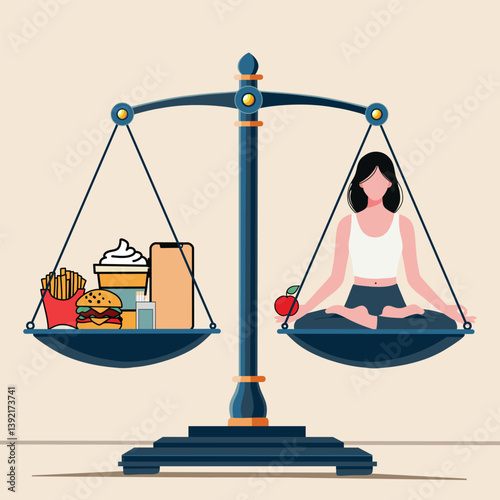 A conceptual illustration showing the balance between unhealthy habits and wellness, symbolized by scales holding fast food, gadgets, and a meditating woman with healthy choices.