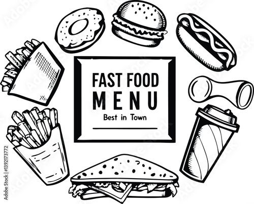 Fast Food Menu Burgers, Fries, Hot Dogs, Donuts, and Drinks