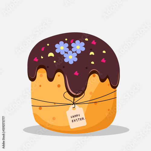 Colorful Easter cake with chocolate frosting and blue flowers displayed on a light background during spring season