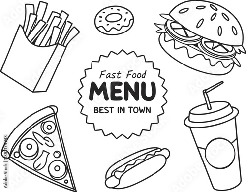 Fast Food Menu Best in Town Burger Fries Pizza Soda Hotdog Donut