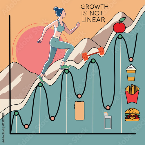 A stylized conceptual illustration of a woman running along a chart path symbolizing growth, self-discipline, and progress through ups and downs toward physical and mental wellness.