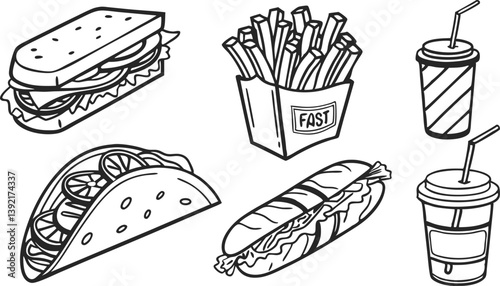 Fast Food Illustrations Sandwich, Taco, Fries, Soda, Hot Dog