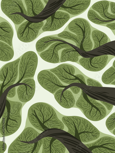 Seamless background pattern with stylized green trees and branching foliage, resembling a forest canopy view. Perfect for eco, nature, and organic-themed designs.