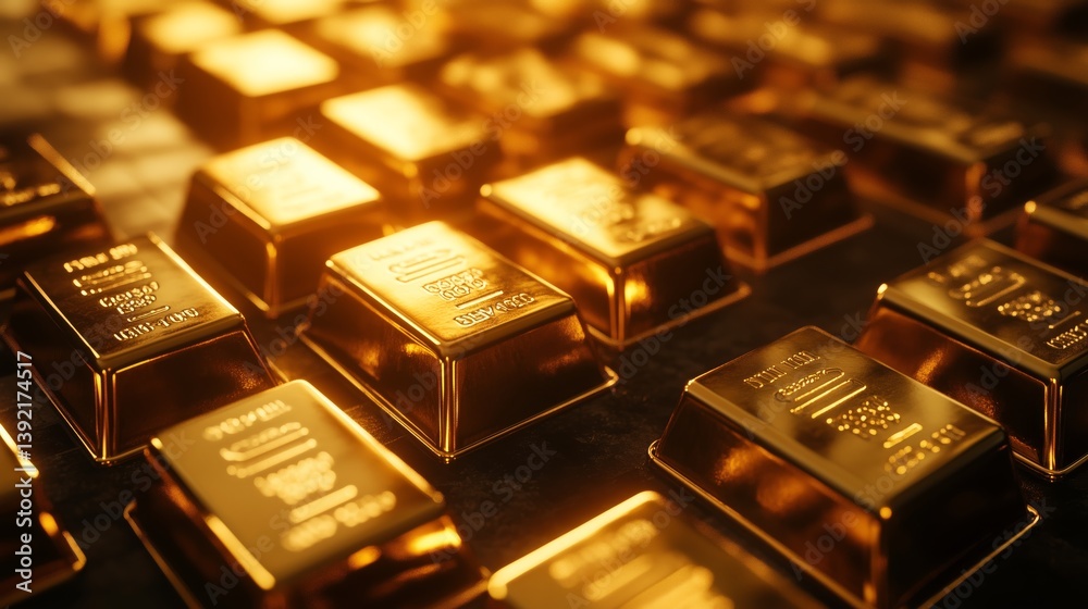 Golden bars stacked closely, reflecting light in a luxurious display. Golden bars stacked closely, reflecting light in a luxurious display.