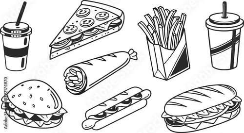 Fast Food Icons Pizza, Burger, Fries, Soda, and More