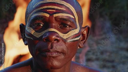 Aboriginal man portrait with fire backdrop
