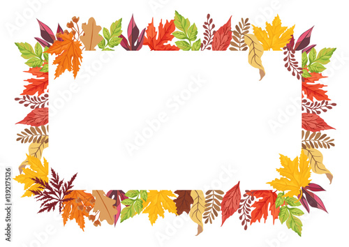 Autumn banner template decorated by fallen tree leaves. Elegant frame made of dry foliage. Decorative flat cartoon vector illustration for seasonal sale promotion, advertisement, cards, invitations.