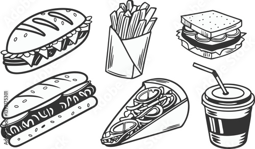 Fast Food Illustration Sandwiches, Fries, Gyro, and Drink