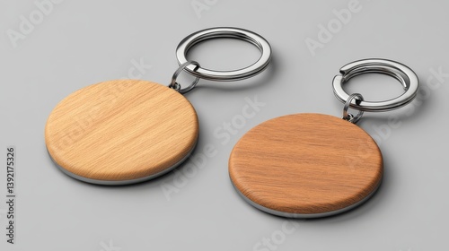 Wooden keychains with metal rings, ideal for home, car, or office accessories. Realistic 3D vector mockup. 