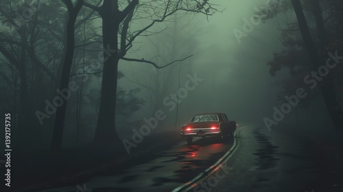 A lone car drives through a dark and foggy forest. The only light comes from the car's headlights and the occasional street lamp.