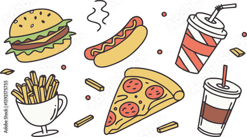 Delicious Fast Food Burger, Pizza, Hot Dog, Fries, Drinks