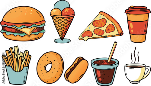 Delicious Fast Food Icons Burger, Pizza, Fries, Ice Cream, Coffee