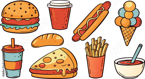 Fast Food Cartoon Illustrations Burger, Hotdog, Pizza, Fries, Ice Cream
