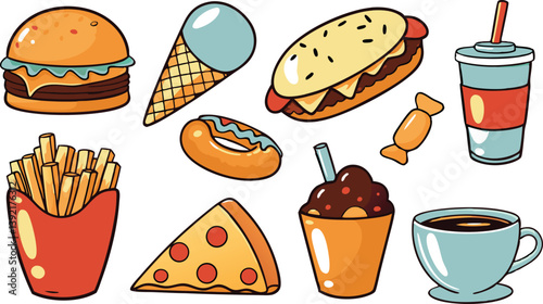 Delicious Fast Food Icons Burgers, Fries, Pizza, Ice Cream