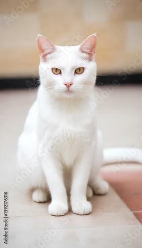 A serene shot of a white cat with golden eyes, capturing its calm and gentle demeanor. Perfect for pet lovers, animal photography, or calming visuals.
