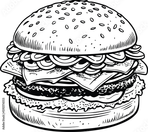 Delicious Juicy Burger Sesame Bun, Beef Patty, Cheese, Onion Rings