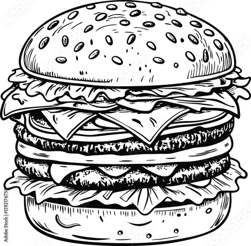 Delicious TripleDecker Cheeseburger, HandDrawn, Ink Sketch, Fast Food