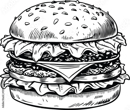 Delicious Double Cheeseburger HandDrawn Illustration, Burger Art, Fast Food