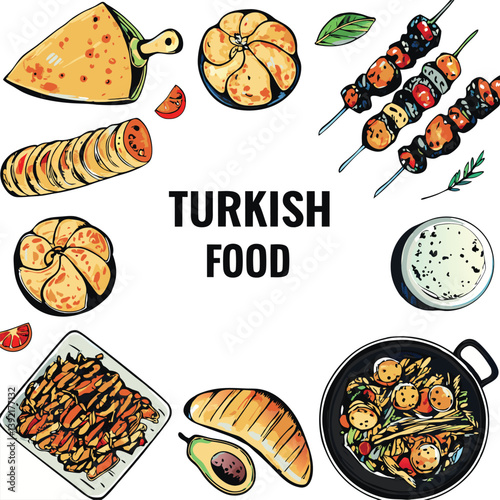 Delicious Turkish Food Kebabs, Bread, and Assorted Dishes