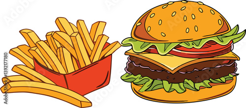 Juicy Cheeseburger with Crispy French Fries Fast Food Meal
