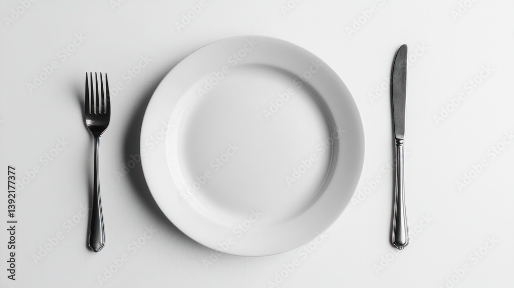 Empty white plate, fork, and knife on white surface Empty white plate, fork, and knife on white surface