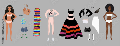 Fashion doll. Two Beautiful girls different skin colors with outfit and accessories. Dress up paper doll. Hand drawn cartoon vector illustration isolated.	