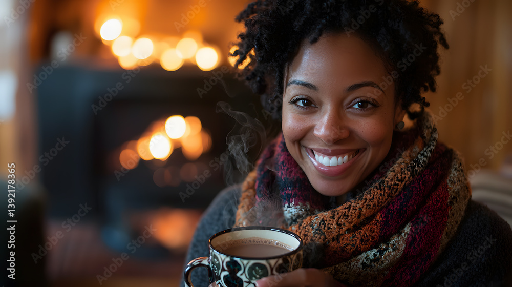Smiling African woman in warm clothes holding a mug of hot cocoa in front of a cozy fireplace