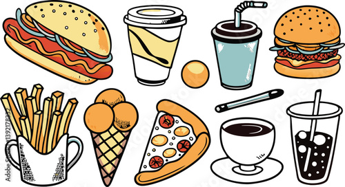 Fast Food Icons Hot Dog, Burger, Pizza, Fries, Ice Cream, Drinks
