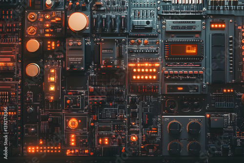 A complex electronic panel with glowing orange lights