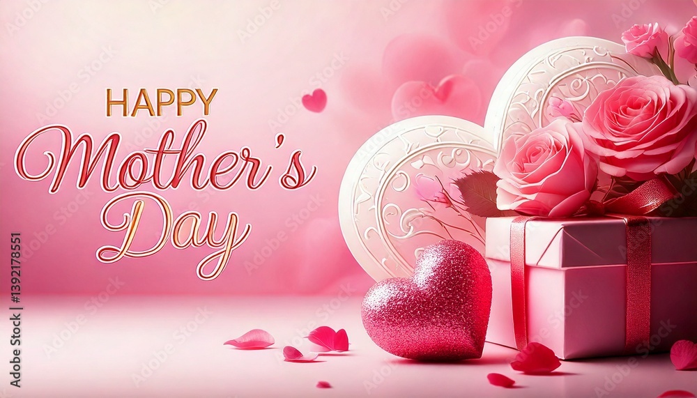 Mother's Day Banner with Heart, Gift, Roses and Wishes