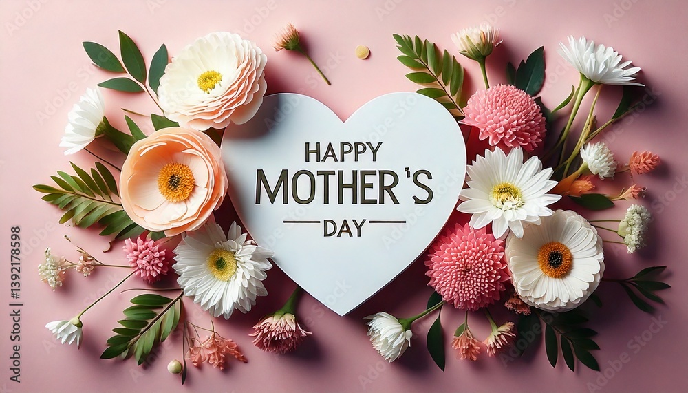 Mother's Day background with heart, wishes and flowers