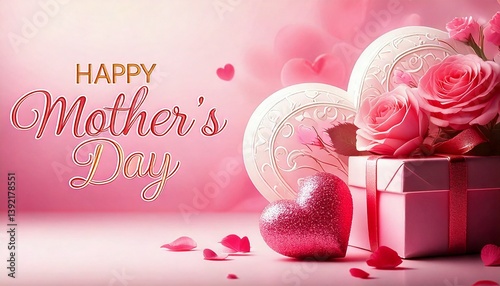 Obraz na płótnie Mother's Day Banner with Heart, Gift, Roses and Wishes w salonie